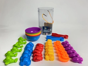 Rainbow vehicle sorting toy set with colorful transport figures and matching bowls