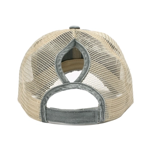 Detail of grey washed denim ponytail baseball cap with breathable mesh and velcro