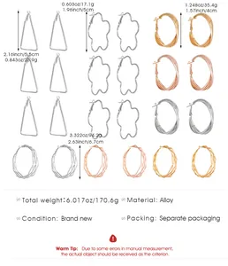 Guide des tailles pour boucles d'oreilles géométriques montrant dimensions et poids