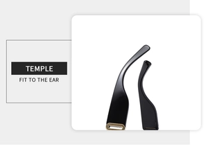 Detail of sleek black sunglasses temple with a gold metal ring and ergonomic fit