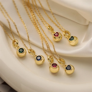 Copper Gold Plated Heart Round Pendant Necklace With Colorful Zircon Gemstones Ins Style Jewelry For Women