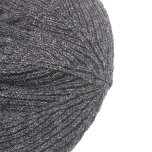 Macro detail of charcoal grey wool knitted beanie showing texture