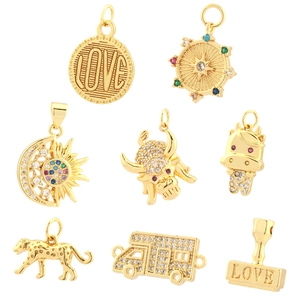 Set of gold-plated sunflower and coin pendants with cubic zirconia for DIY jewelry