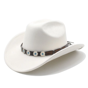 Close-up of ivory felt fedora with turquoise studded leather band and wide brim
