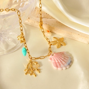 Ocean-themed stainless steel necklace with seashell and starfish charms on silk