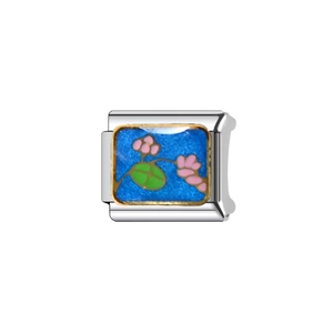 Italienisches Edelstahl-Modul mit blauem Emaille-Blumenmuster und goldenem Rand für Armband