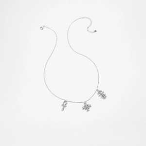 Detail of S925 silver necklace with Ankh and Jerusalem cross pendants on white backdrop