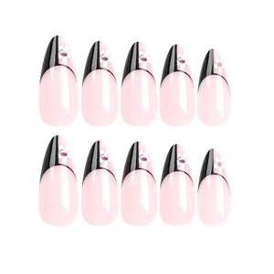 French black tip almond press on nails with delicate white flower and crystal detail