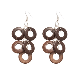 Vintage coconut shell round multi-layered drop earrings set on white background