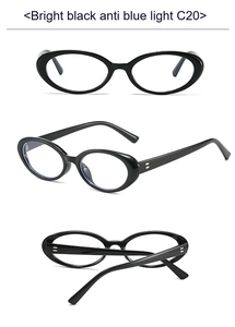 Detailed views of bright black retro oval frames with anti-blue light C20 lenses