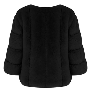 Back view of a short black faux fur jacket with a round neck and plush texture finish