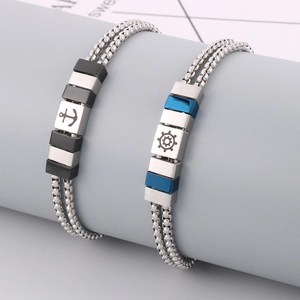 Double Layer Stainless Steel Chain Bracelet For Men Nautical Anchor Helm Ocean Style Fashion Accessory Men Jewelry