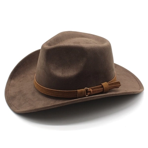 Classic dark brown western cowboy felt hat with suede texture and leather buckle band
