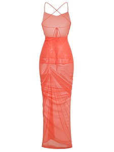 Elegant red mesh bodycon midi dress with backless bandage design and ruched details