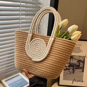 Woven Cotton Rope Handbag Contrast Color Spiral Decor Large Capacity Tote Bag Casual Summer Travel Minimalist For Women
