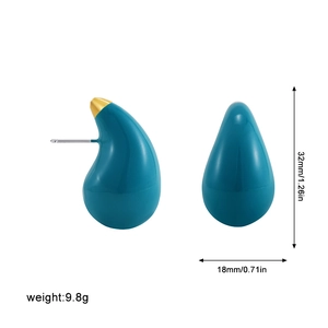 Detail view of teal enamel teardrop earrings with dimensions 32mm by 18mm and 9.8g weight