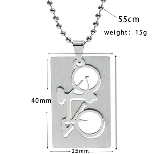 Silver bicycle pendant necklace detail showing dimensions 40x25mm and bead chain specs