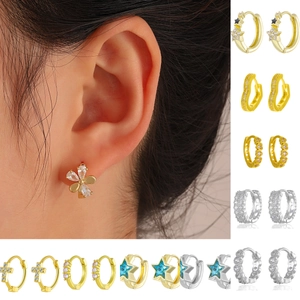 Copper Huggie Hoop Earrings Zircon Inlaid Heart Flower Butterfly Star Geometric Fashion Niche Design Jewelry For Women
