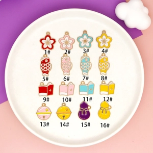 Detailed collection of 16 colorful alloy enamel charms featuring cherry blossoms and koi fish