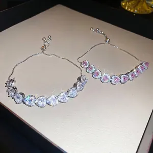 Silver chain heart bracelet with pink and white zirconia stones and adjustable clasp