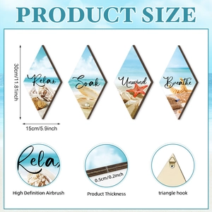 Set of 4 beach-themed diamond wooden wall signs with relaxing ocean quotes and motifs