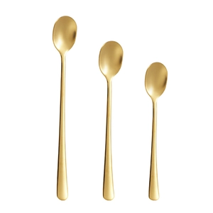 Three sizes of golden stainless steel mixing spoons with a polished mirror finish on white
