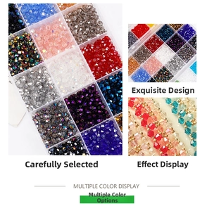 Macro detail of 4mm crystal bicone beads set with 15 colors in a storage box for DIY jewelry