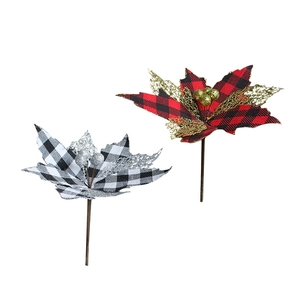 Artificial Christmas poinsettia flowers with plaid petals and glittery berry stems