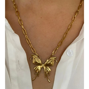 Statement golden butterfly pendant necklace with chunky oval link chain for women