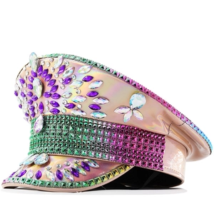 Captain Hat Holographic Pink Rhinestone Beaded Festival Party Music Festival Military Sergeant Stage Performance For Women