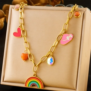 Collier En Acier Inoxydable Avec Pendentifs Arc-en-Ciel Cœur Chapeau Chaîne Dorée Bijoux Doux Pour Femmes Filles