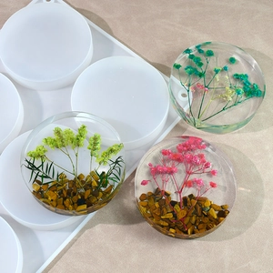 Flexible silicone resin mold for 6-cavity round coasters with floral dried flower art