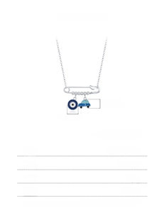 Detail view of S925 silver paperclip necklace with evil eye and car charms on white background