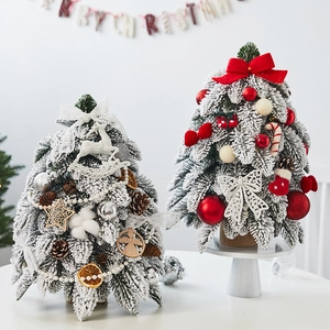 Artificial Mini Christmas Tree Flocked Snow Desktop Decoration LED Noble Fir Pine Tabletop Ornament Festive Holiday Home Office