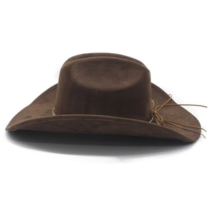 Close-up of a wide-brim dark brown suede cowboy hat with a minimalist leather cord band