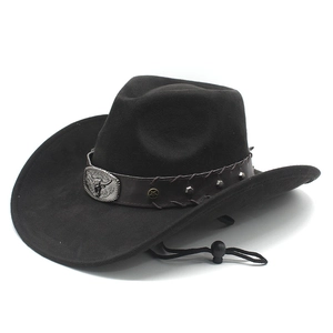 Classic black faux suede Western cowboy hat with bull head metal buckle and chin strap
