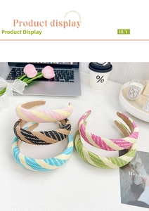 Detailed view of colorful woven headbands featuring diverse patterns and anti-slip lining