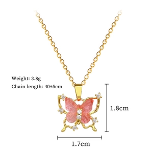 Detail of pink butterfly pendant with crystals and dimensions: 1.8cm x 1.7cm