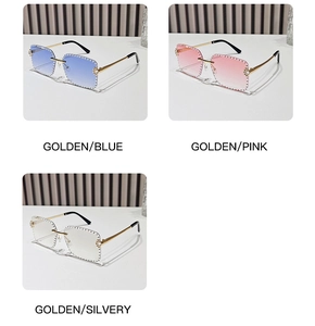 Detailed views of rimless square sunglasses with rhinestone edges in blue pink and silver