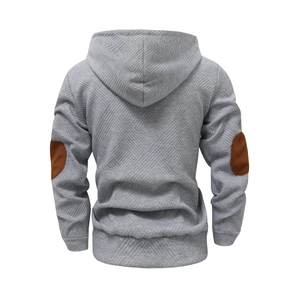Men's light grey jacquard hooded sweatshirt with brown elbow patches and quilted texture