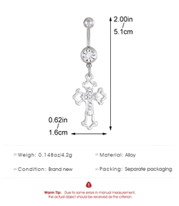 Detail view of heart cross navel ring showing dimensions 5.1cm length and 1.6cm width