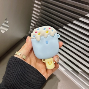 Cute blue ice cream silicone case for AirPods featuring a smiling handle and sprinkles