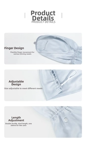 Detailed view of silk sun sleeves with thumb holes and adjustable length buttons