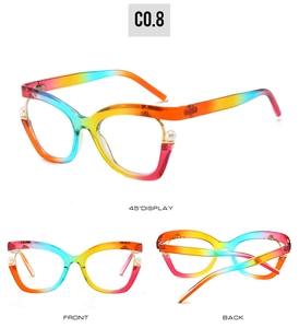 Detailed views showing rainbow gradient cat-eye glasses with pearl embellishments