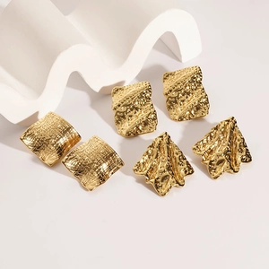 Irregular textured gold square and fan shaped stainless steel earrings in minimalist style