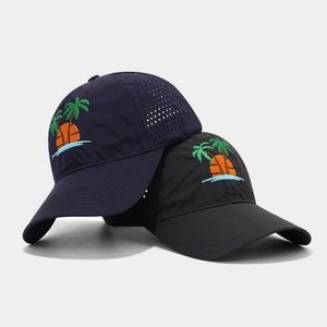 Navy and black quick-dry baseball caps with tropical coconut tree embroidery and laser vents