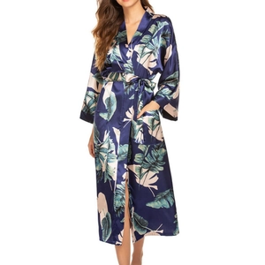 Women's long silk satin kimono robe with tropical leaf print and tie belt waist