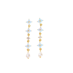 18K gold plated flower drop earrings with blue zircon stones and teardrop crystals