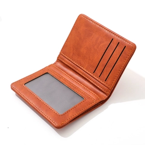 Brown PU leather bifold wallet for men featuring multiple card slots and ID window