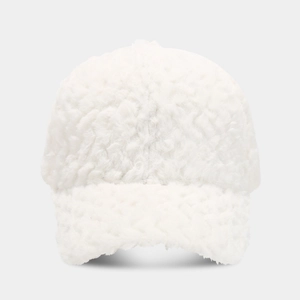 Front view of a white fuzzy warm baseball cap featuring a unique wavy plush texture.